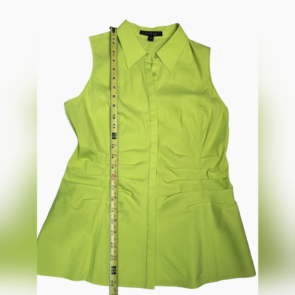 Lafayette 148 Blouse Top Sz 6 Georgina Sleeveless Button Up Ruched Neon Green - Picture 5 of 8